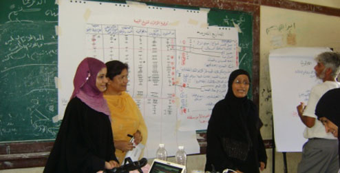 People in front of noticeboard at workshop in Aden