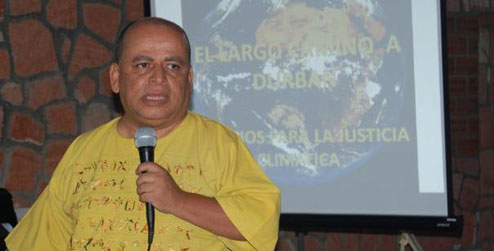 Angel Ibarra speaking at a Climate Justice conference in Honduras