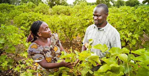 Small-scale farmer Betty Mkusa speaking to development worker Innocent Ogaba.