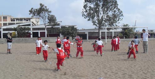 Boys playing at a school in Peru