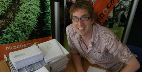 Progressio campaigns officer - stuffing envelopes for the latest campaign
