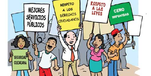 Cartoon of people holding placards