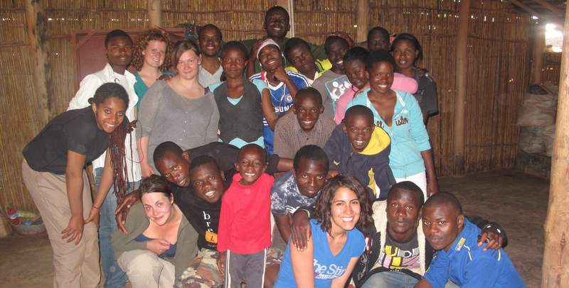 ICS Volunteers Nneka Cummins, Kirstie Grego, Kerry Logan, Chloe Jobling and Carolina Motta-Mejia with a local youth group in Malawi
