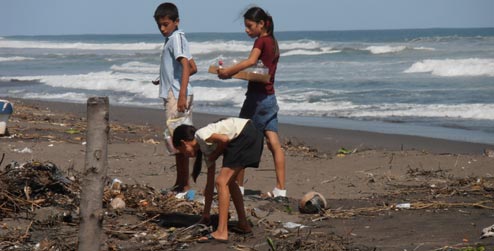Kids picking up litter on the beach
