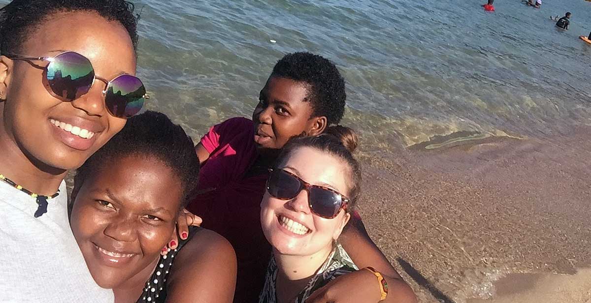 Nicole and Liv with fellow volunteers at Lake Malawi