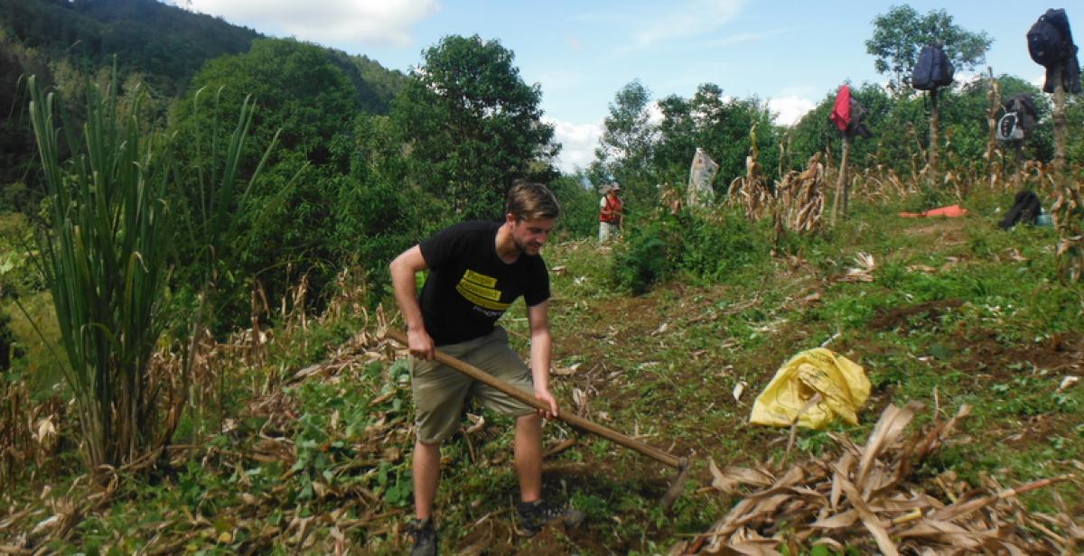 ICS volunteer Edward Maddocks digging a farm field