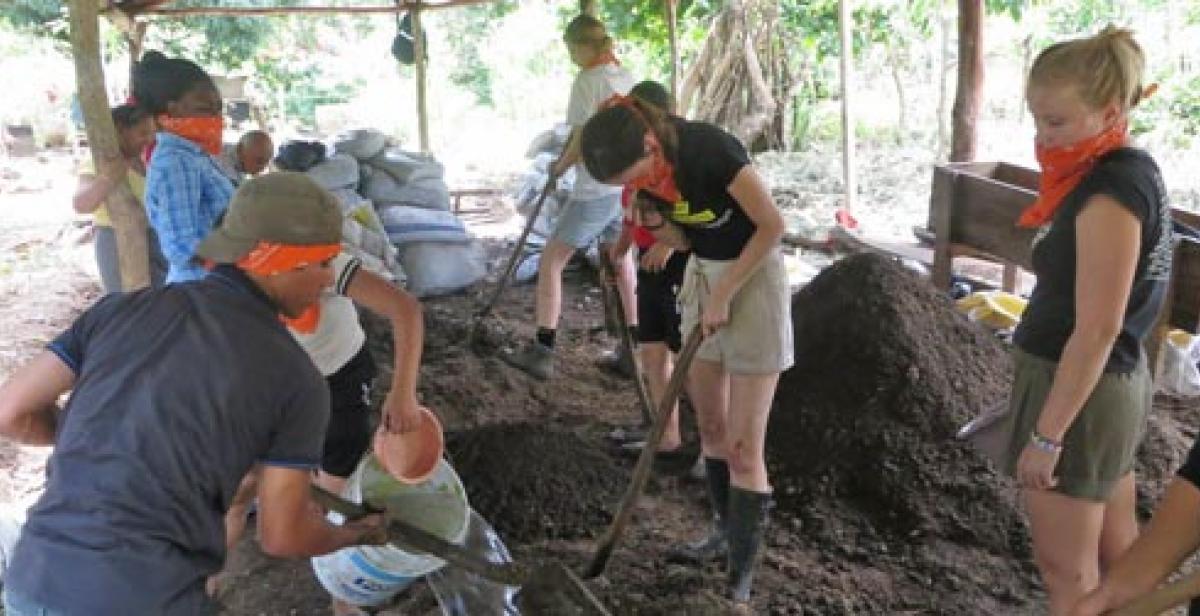 Volunteers digging in greenhouse