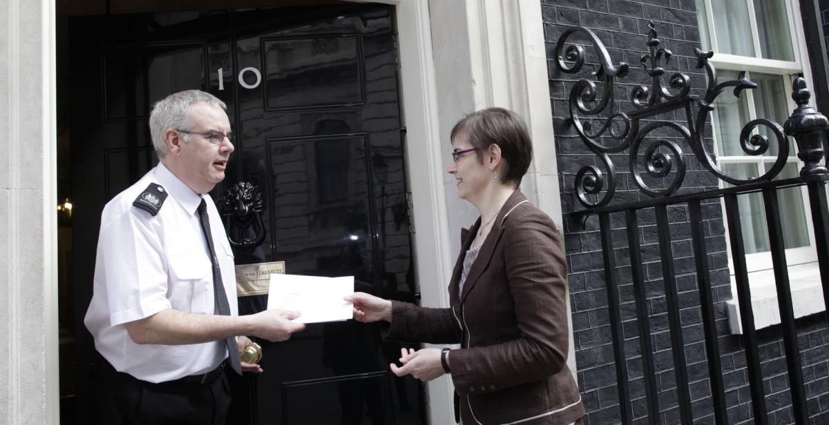 Christine Allen (right) delivers petition to No.10 Downing Street (©Progressio)