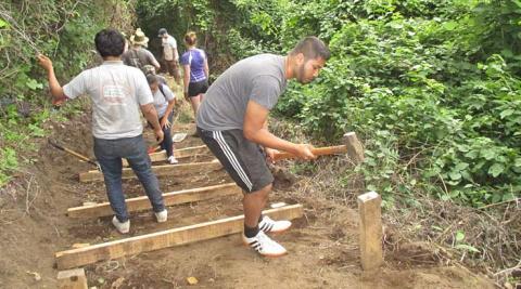 ICS volunteers working on the steps to the viewpoint