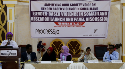Kailee Jordan (middle of the group at the table), Progressio’s Somaliland Country Representative and civil society members at the public launch of the ‘Amplifying Civil Society Voice on Gender-Based Violence in Somaliland’ research project, in Hargeisa