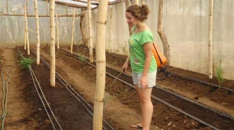 Laura Packer spraying insecticide in greenhouse