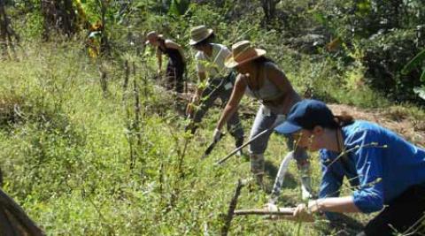 ICS volunteers working hard to help Lorena and her family prepare land for crops