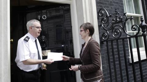 Christine Allen (right) delivers petition to No.10 Downing Street (©Progressio)