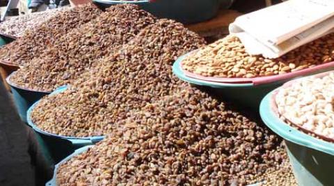 Beans and seeds being sold at a local market in Yemen. 