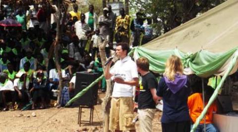 Progressio ICS volunteers speaking to a crowd